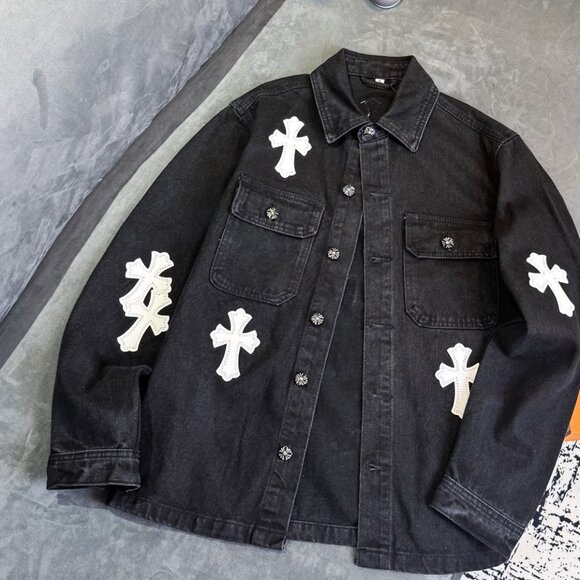 Chrome Hearts Cross Leather Black and White Denim Jacket - Picture 1 of 9